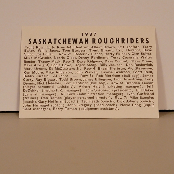 CFL 1987 Saskatchewan Roughriders Thank you for your support card - Picture 2 of 2